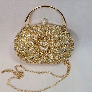NEW RAMLA Gold Rhinestone Luxury Prom Wedding Gala Handle & Chain Clutch Purse